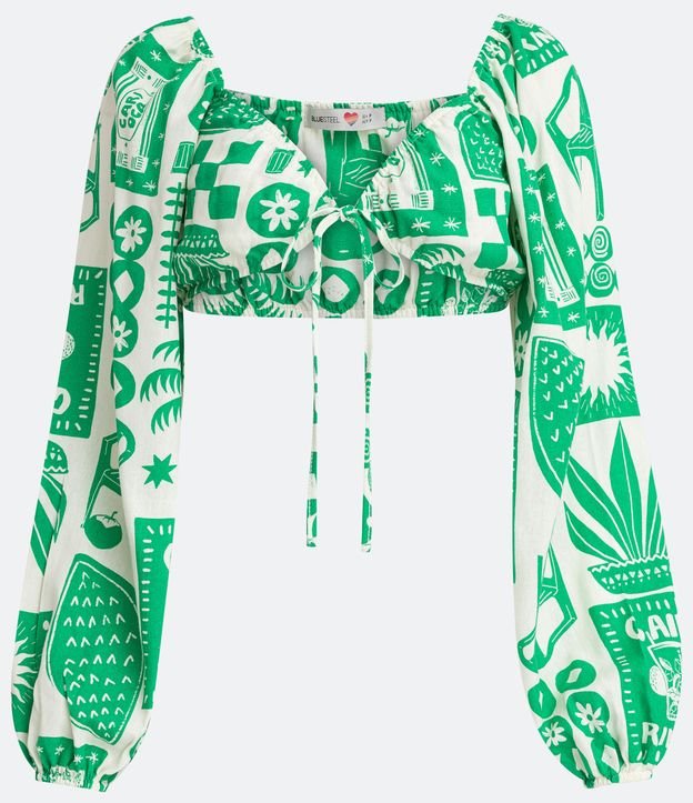Blusa Cropped en Tricolina con Manga Abullonada y Estampado Iconos Divertidos Verde 5