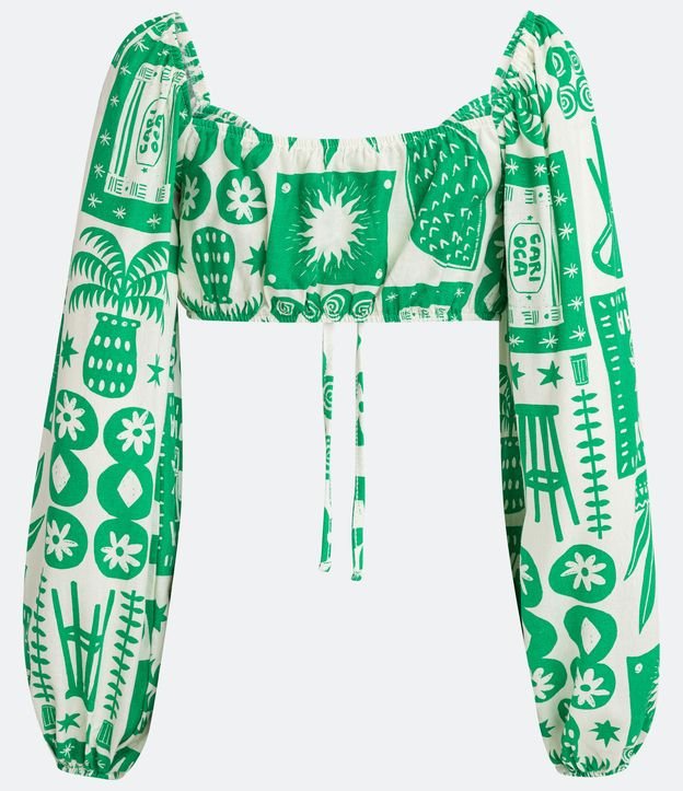 Blusa Cropped en Tricolina con Manga Abullonada y Estampado Iconos Divertidos Verde 6