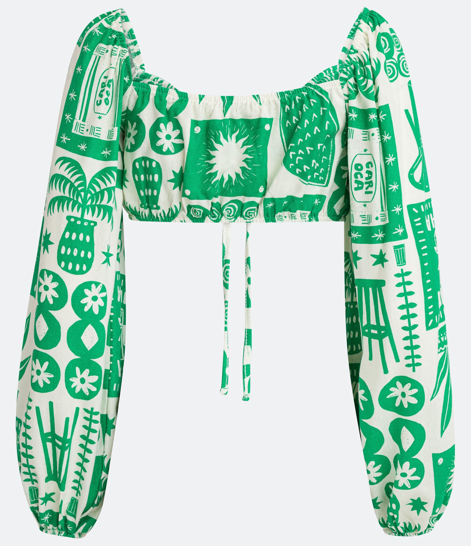 Blusa Cropped em Tricoline com Manga Bufante e Estampa Ícones Divertidos Verde 6