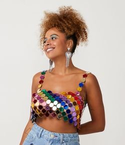 Blusa Cropped de Alça com Paetês Coloridos e Costas Abertas