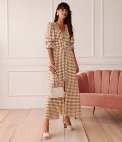 Vestido Midi em Viscose com Estampa Xadrez