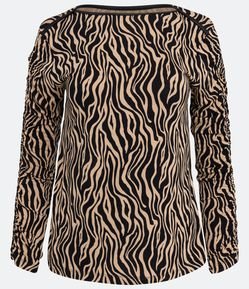 Blusa em Meia Malha com Franzido na Manga e Estampa Animal Print