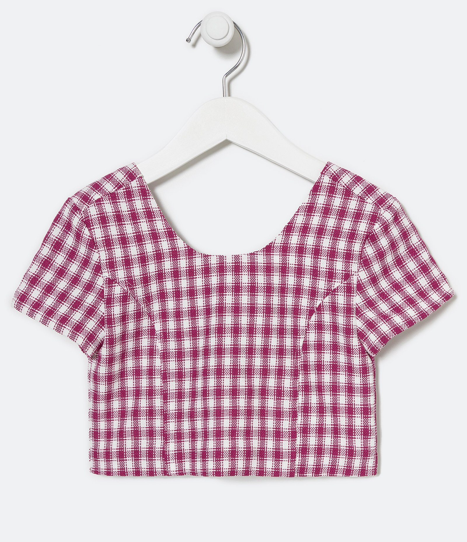 Blusa Infantil Xadrez com Lastex nas Costas e Recortes Frontais - Tam 5 a 14 Anos Rosa 1