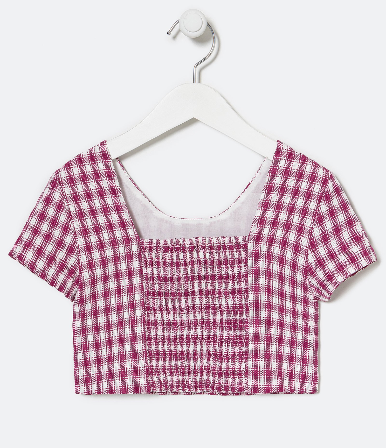 Blusa Infantil Xadrez com Lastex nas Costas e Recortes Frontais - Tam 5 a 14 Anos Rosa 2