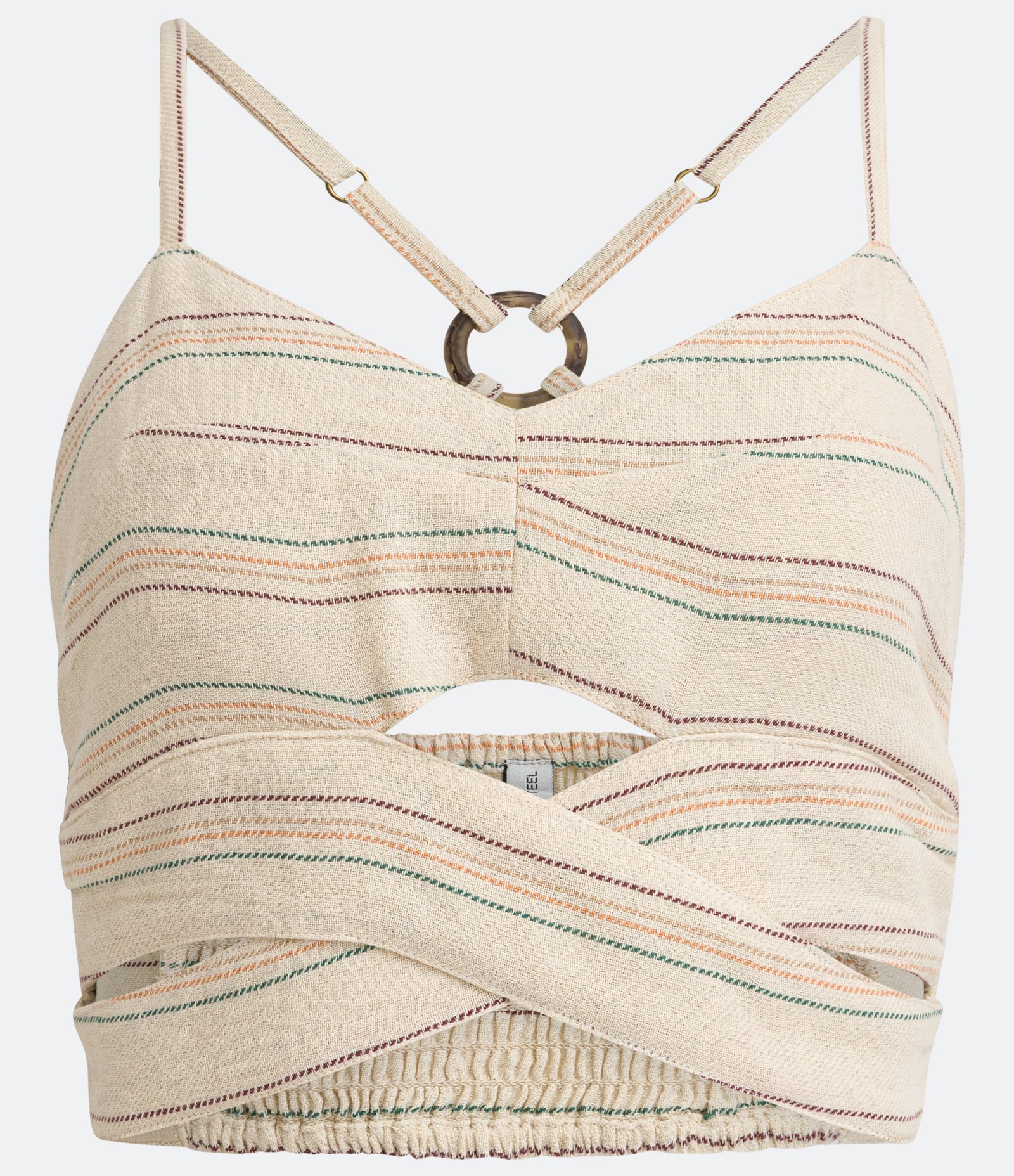 Blusa Cropped de Alças Cruzadas em Algodão com Listras Contrastantes Bege 1