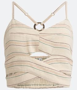 Blusa Cropped de Alças Cruzadas em Algodão com Listras Contrastantes