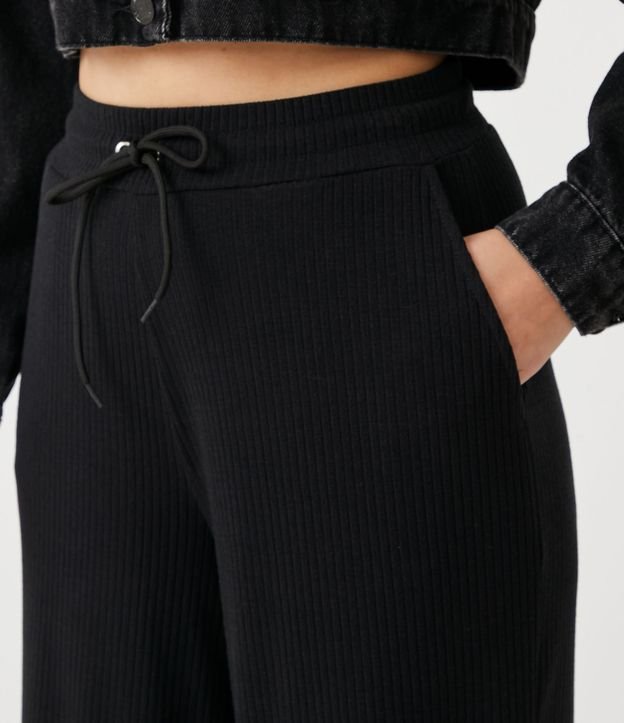 Pantalón Pantalona en Rib con Elástico y Lazo en la Cintura Negro 4
