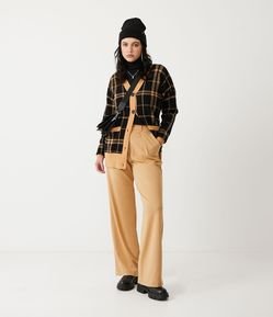 Calça Wide Leg Cintura Alta em Ponto Roma com Pregas