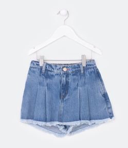 Short Saia Infantil em Jeans com Preguinhas e Barra Desfiada - Tam 5 a 14 Anos
