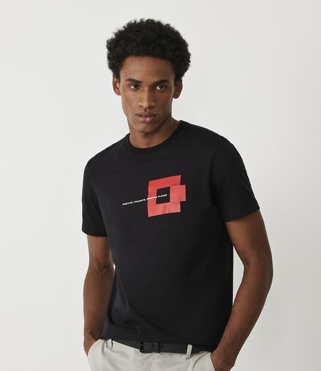 Camiseta Slim em Algodão com Estampa Geométrica e Lettering Preto 1