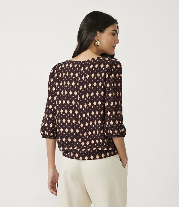 Blusa en Viscosa con Manga Abullonada y Estampado Geométrico Marrón 3