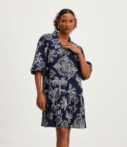 Vestido Curto em Viscolinho com Mangas 3/4 e Estampa de Folhagens