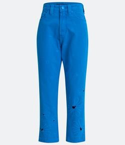 Calça Reta Cropped Cintura Alta em Sarja com Bordados Florais