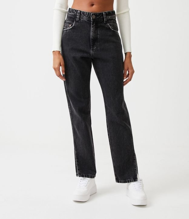 Calça Reta Cintura Alta em Jeans com Bolsos Preto 2