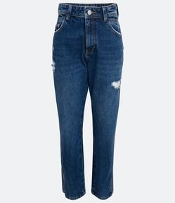 Calça Reta Cintura Alta em Jeans com Bolsos e Puídos