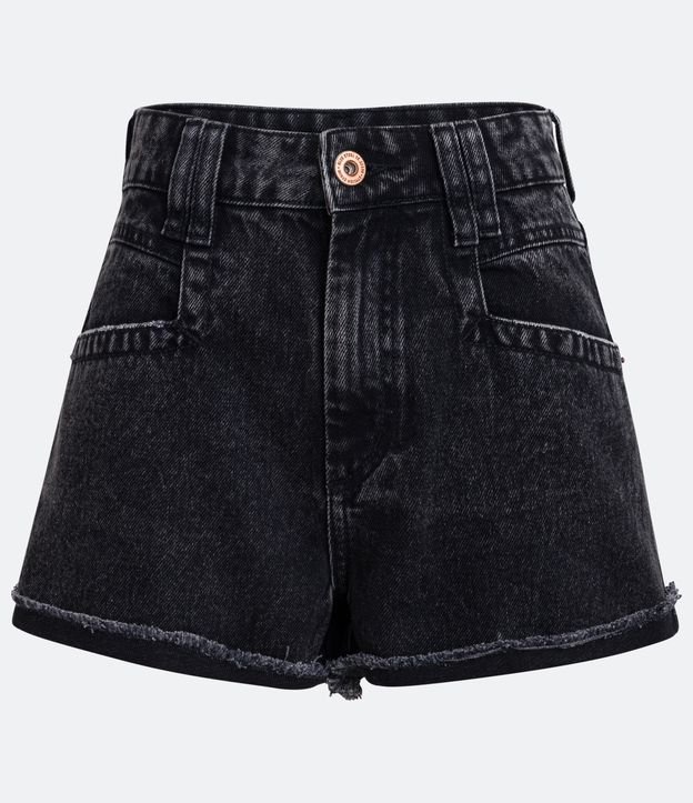 Short Cintura Alta em Jeans com Bolsos e Barra Dobrada com Franjas Preto 5