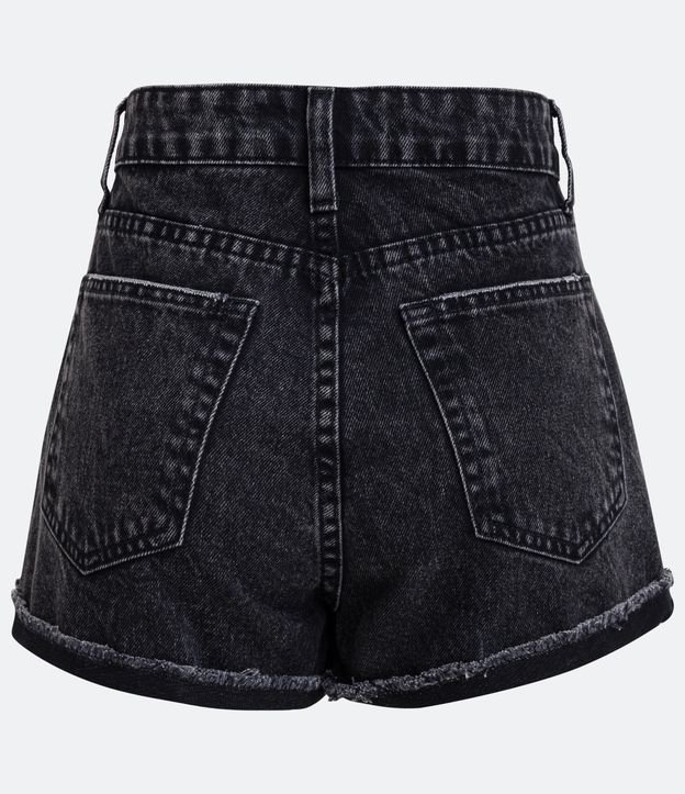 Short Cintura Alta em Jeans com Bolsos e Barra Dobrada com Franjas Preto 6