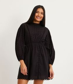 Vestido Corto en Algodón con Cuello Alto y Manga Abullonada