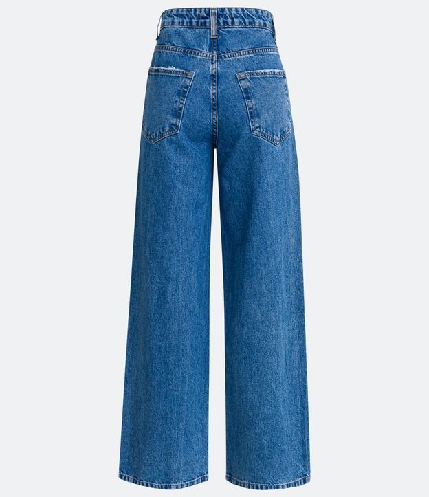 Pantalón Wide Leg Cintura Alta en Jeans con Bordados Coloridos Azul 6