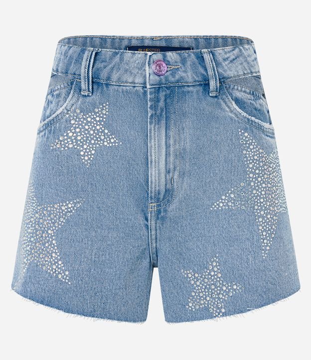 Short Cintura Alta em Jeans com Bolsos e Estrelas Brilhantes Azul 5