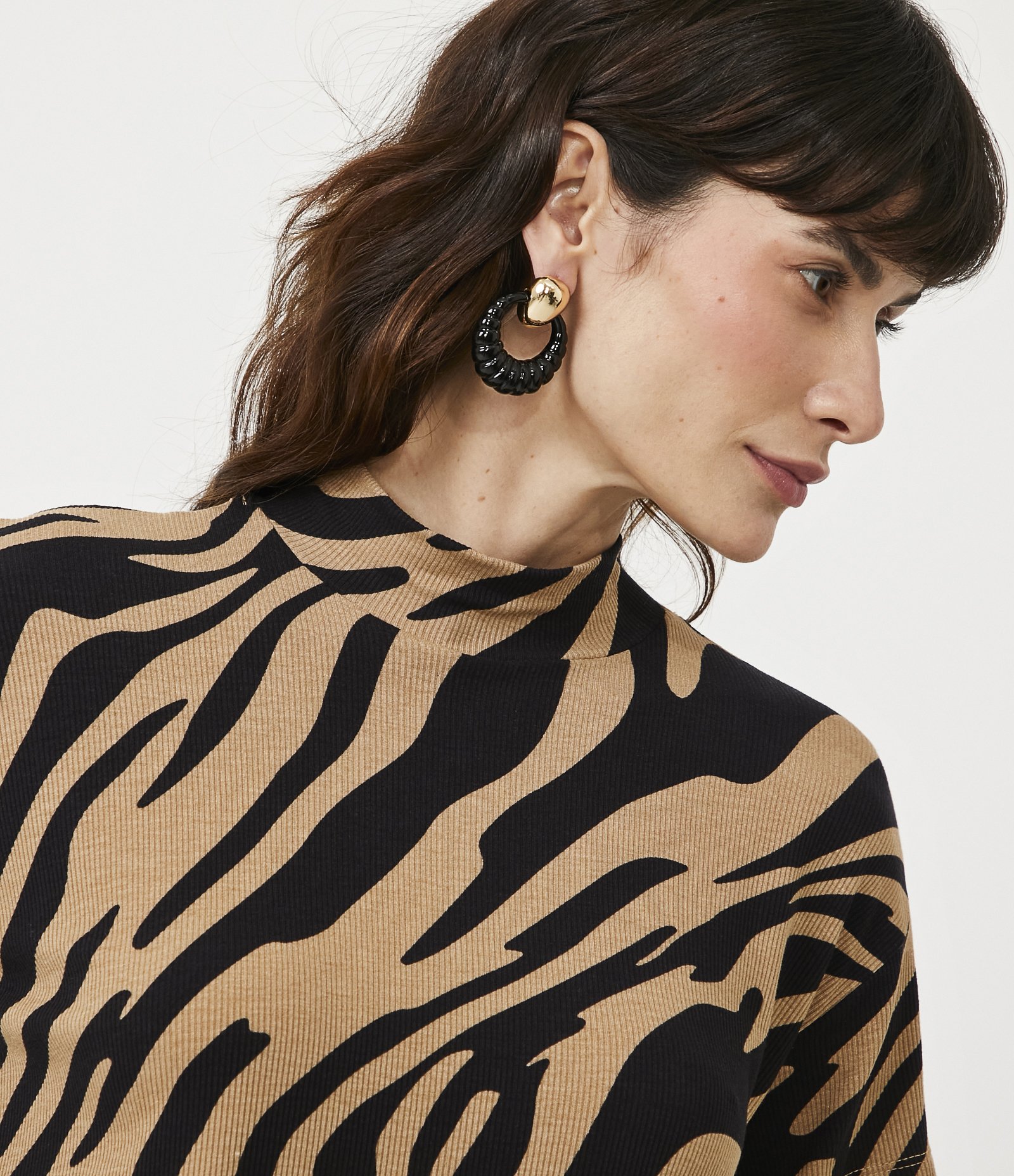 Blusa em Viscose com Golinha Alta e Estampa Animal Print Zebra Bege 4