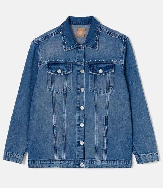 Campera Trucker Jeans con Tachas y Abotonado Frontal Curve & Plus Size Azul 8