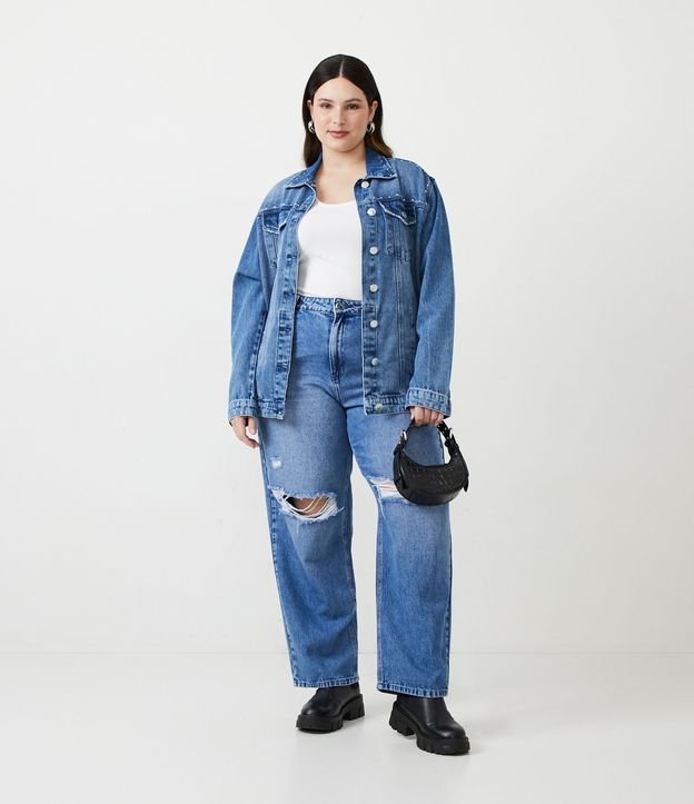 Campera Trucker Jeans con Tachas y Abotonado Frontal Curve & Plus Size Azul 2