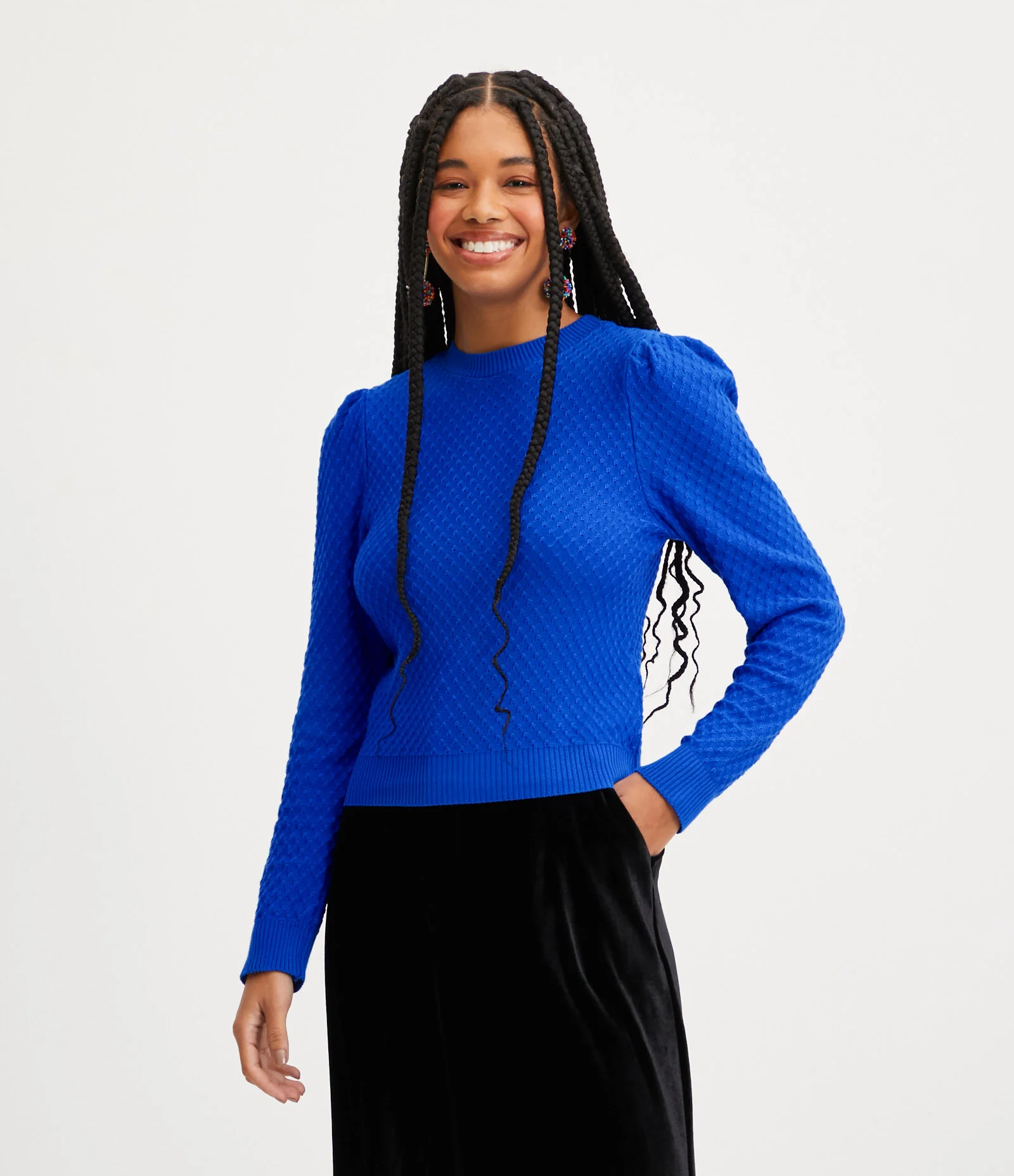 Blusa em Tricô Texturizado com Manga Longa Azul 1