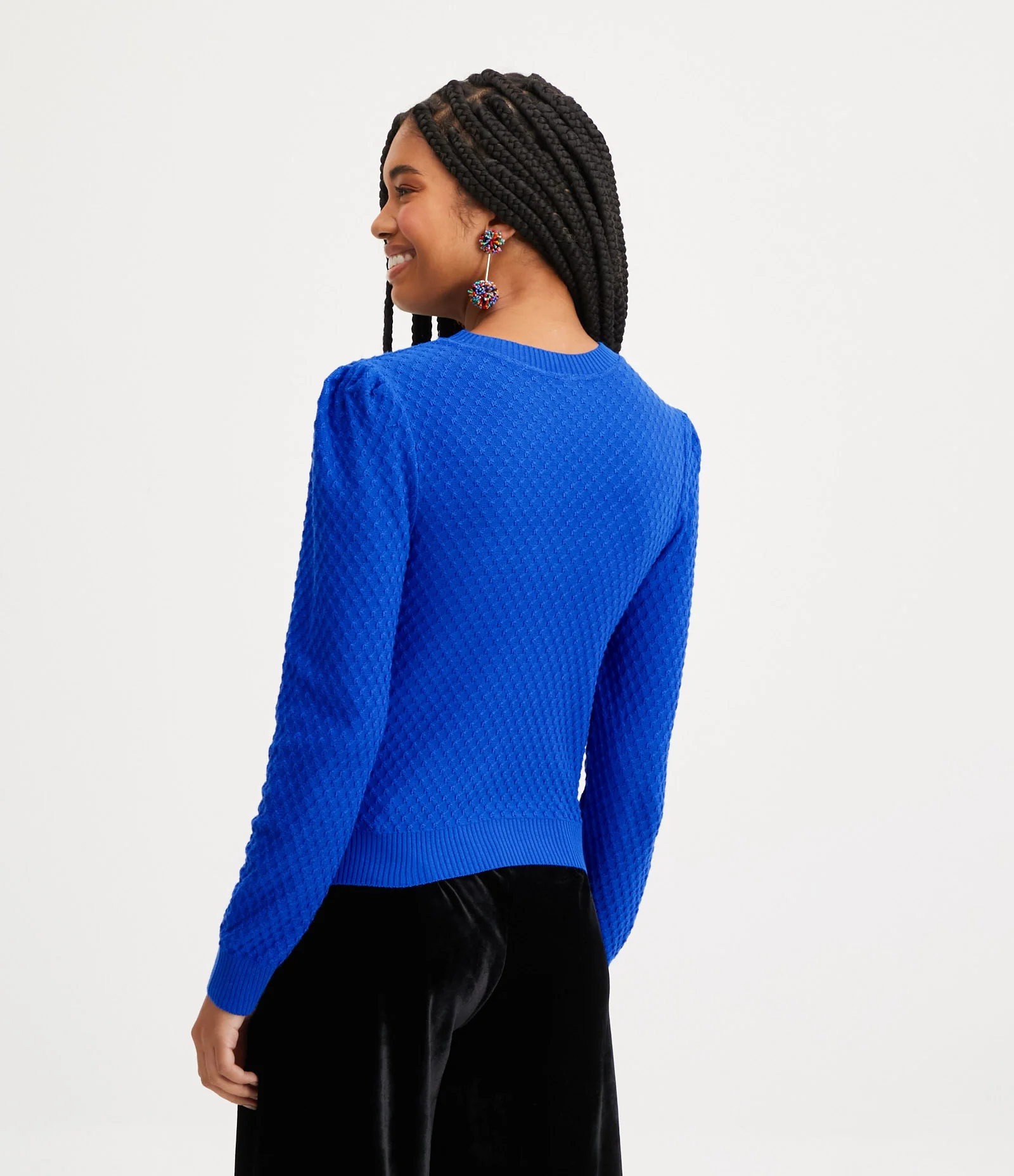 Blusa em Tricô Texturizado com Manga Longa Azul 3