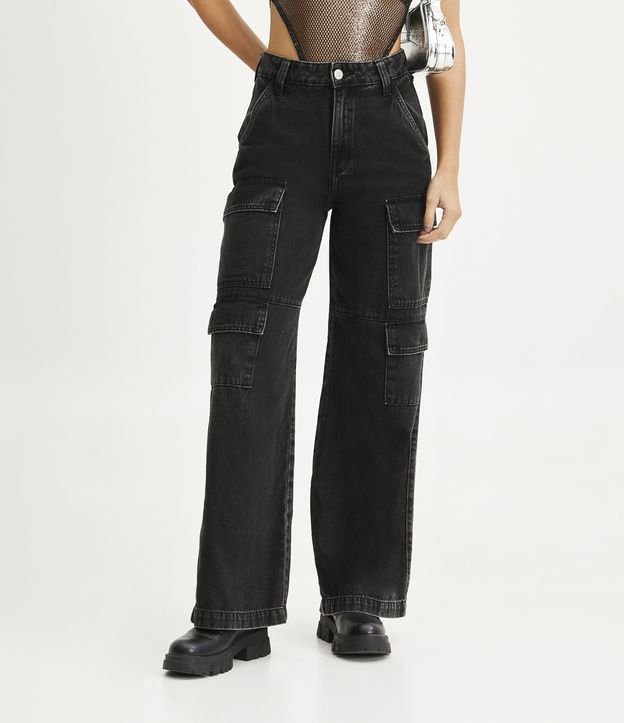 Calça Anos 90  em Jeans com Bolso Cargo Preto 2