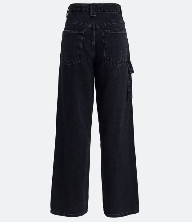 Calça Anos 90 Cintura Alta em Jeans com Bolsos Cargo Preto 6