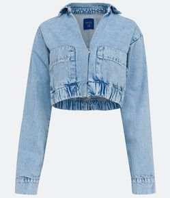 Camisa Cropped em Jeans com Colarinho na Gola e Manga Longa