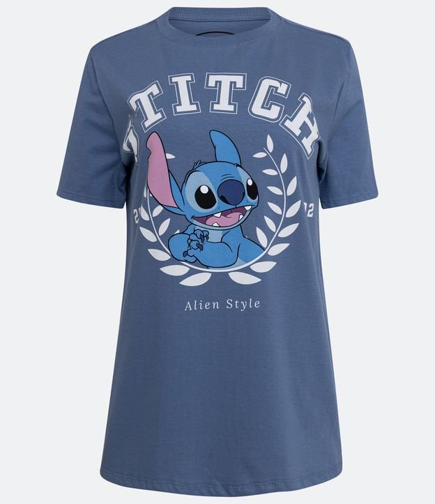 Camiseta em Algodão com Manga Curta com Estampa Stitch Azul 5