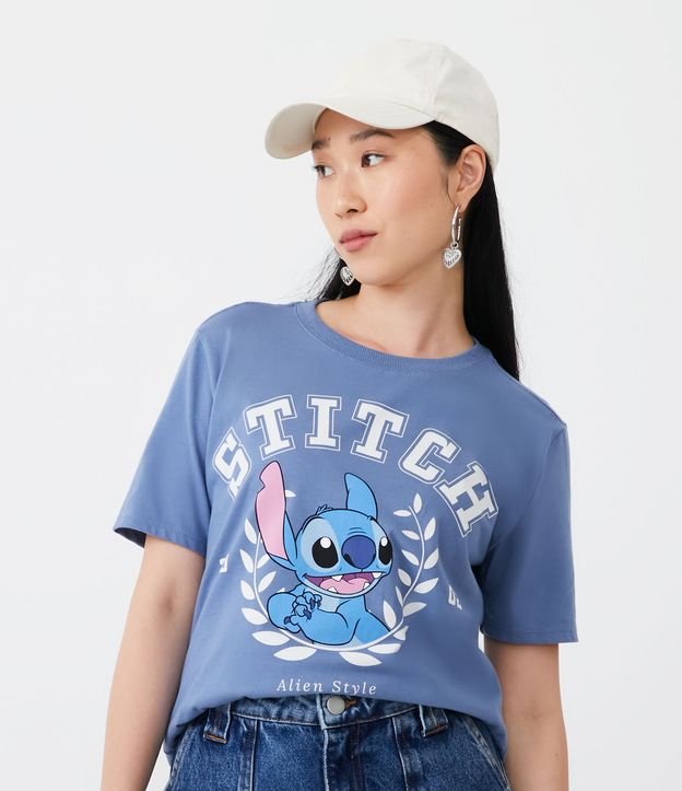 Camiseta em Algodão com Manga Curta com Estampa Stitch Azul 2
