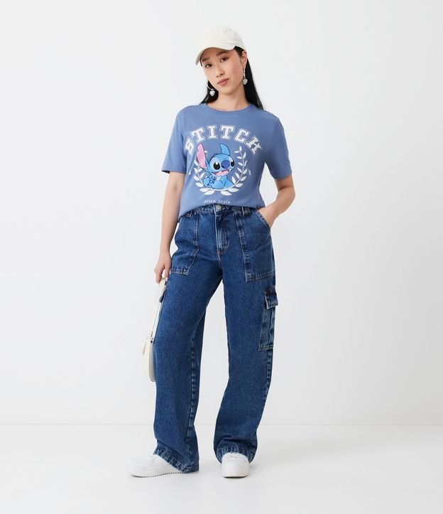 Camiseta em Algodão com Manga Curta com Estampa Stitch Azul 3