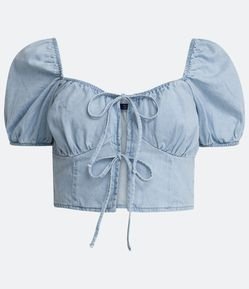 Blusa Cropped Jeans com Amarração Frontal e Manga Bufante