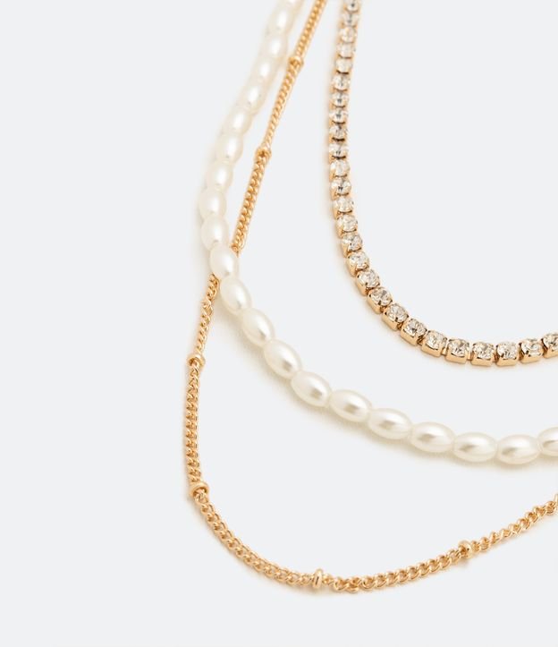 Colar Camadas em Metal com Pérolas e Strass