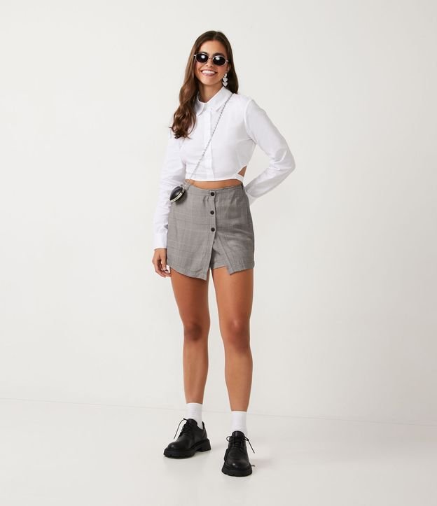 Camisa Cropped en Tricolina con Manga Larga y Lazo en la Cintura Blanco 2