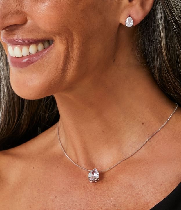 Conjunto Caravana y Collar en Metal con Colgante Gota de Zirconia Plateado 4