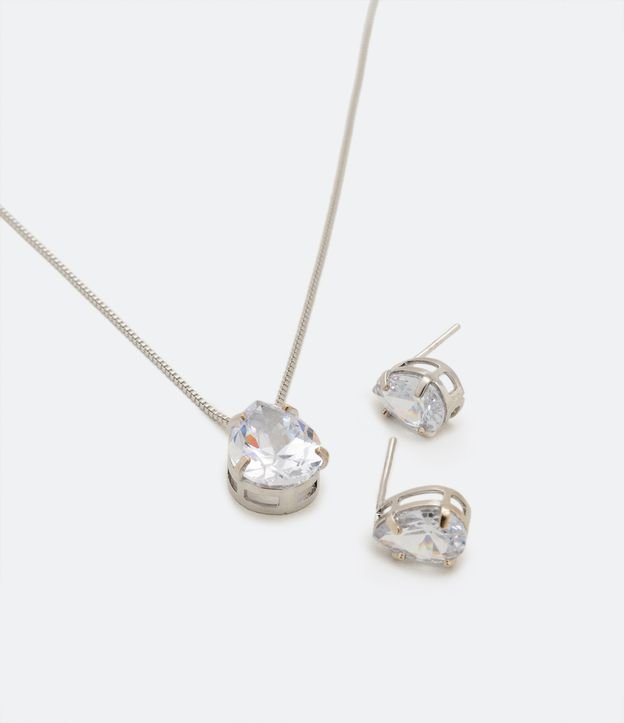 Conjunto Caravana y Collar en Metal con Colgante Gota de Zirconia Plateado 2
