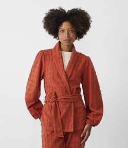 Kimono Curto Manga Longa em Algodão Texturizado com Faixa