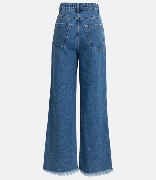 Pantalón Wide Leg en Jeans con Bolsillos y Flores Pespuntadas Azul 6
