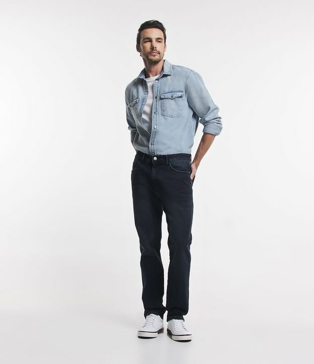 Calça Slim Jeans com Bolsos e Efeito Bigode de Gato Azul Escuro 5