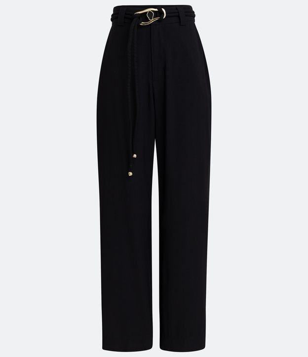 Pantalón Pantalona en Viscosa con Cinturón Cuerda y Hebilla Dorada Negro 5