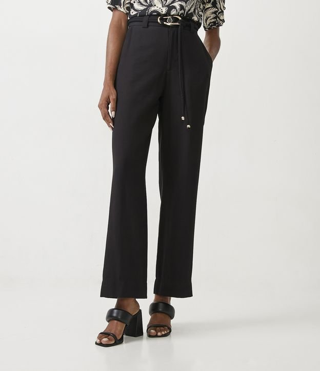 Pantalón Pantalona en Viscosa con Cinturón Cuerda y Hebilla Dorada Negro 2