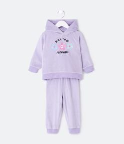 Conjunto Infantil em Plush com Orelhinhas no Capuz e Bordado de Florzinhas - Tam 1 a 5 Anos