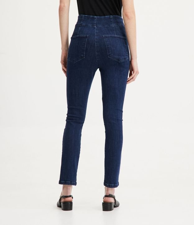 Calça Skinny Jeans com Elastano e Fechamento Trançado em Cordinha Azul Escuro 3