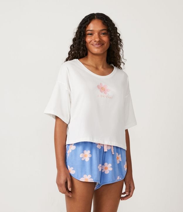 Pijama Corto en Viscolycra con Estampado Floral Off White 1