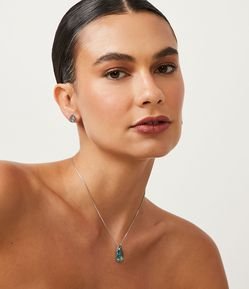 Conjunto Brinco e Colar em Metal com Pingente Gota de Zircônia