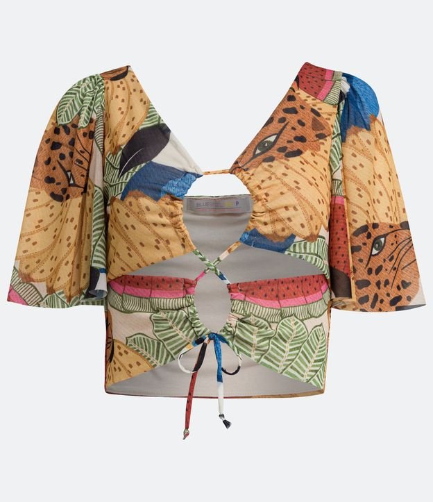 Blusa Cropped en Tul con Manga Amplia y Estampado Jaguar y Plátanos Multicolores 5